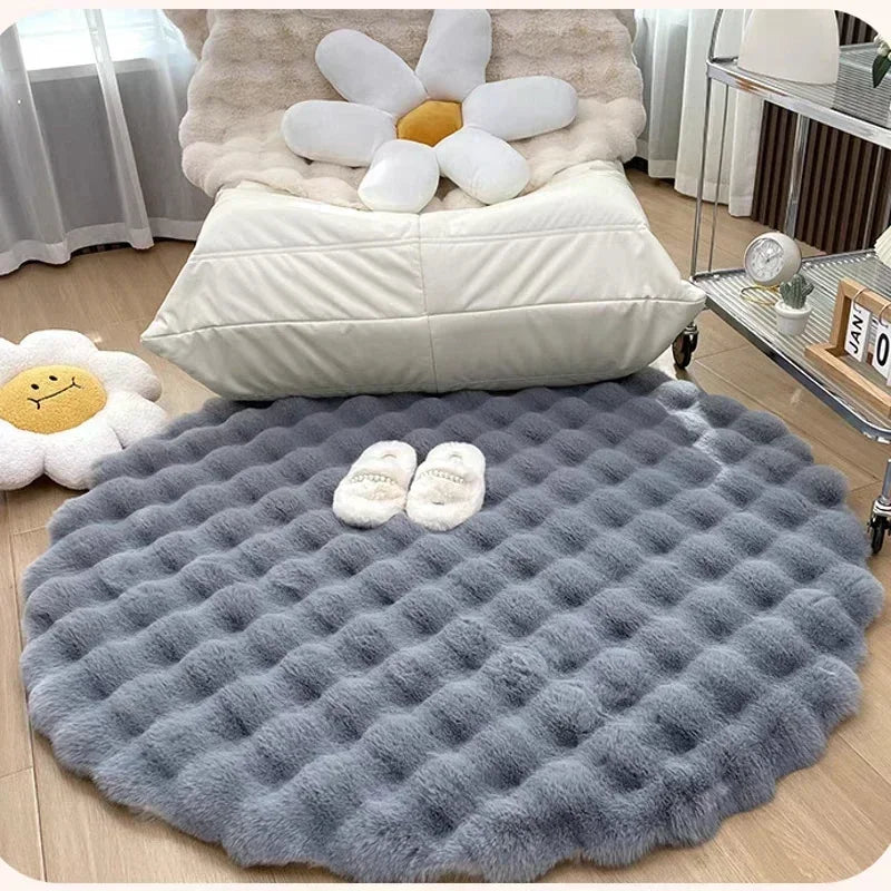 Ins Solid Color Fluffy Round Area Rug Plush Sofa Couch Cushion Bubble Fleece Fabric Bedroom Bedside Floor Mat Home Decor Carpet
