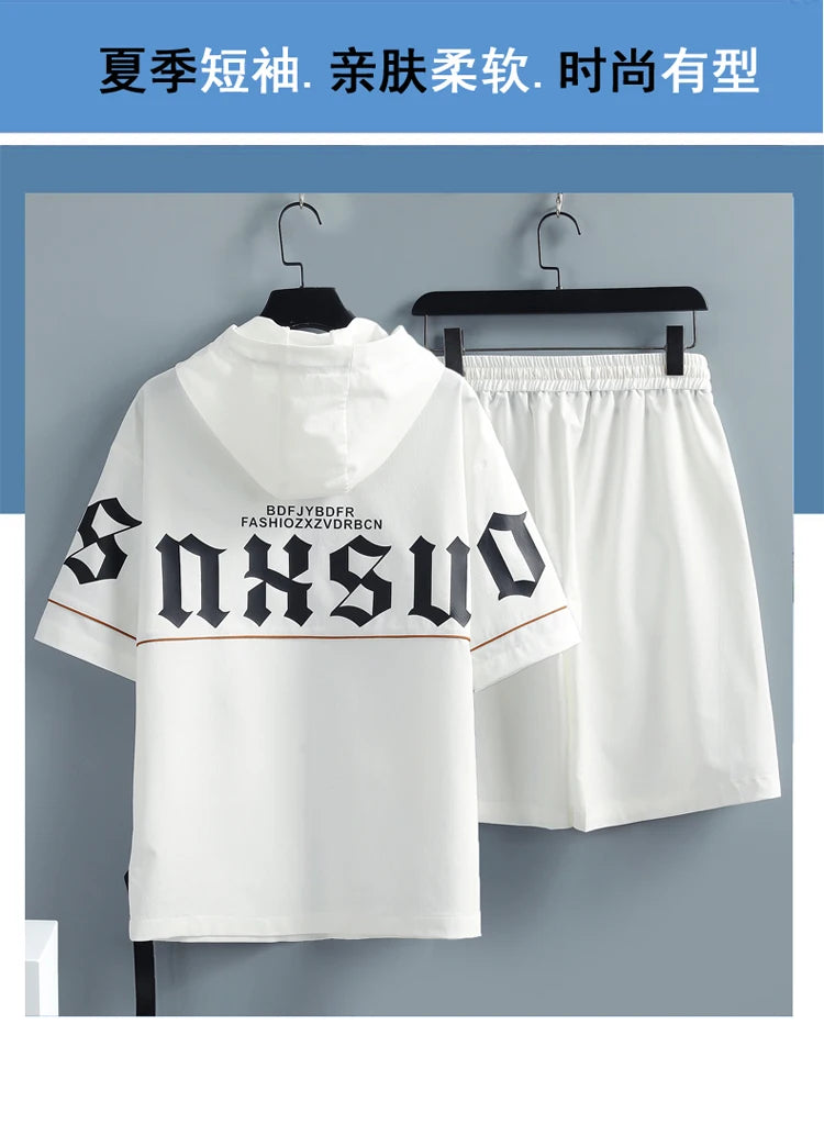 2 Pcs/Set Men Tracksuit Short Sleeve Hoodies+Pants Hooded Elastic Waist Summer Hip Hop Sweatshirt Sweatpants Loose Set