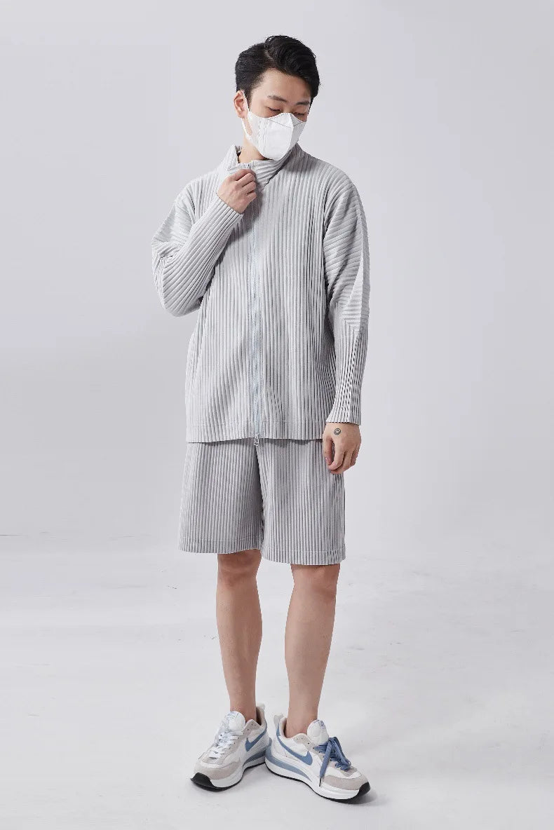 Miyake Men's Pleated Jacket Long Sleeve Standing Collar Fold Jacket Coat High Collar Zip Sweatshirt 2025 Spring Summer New Tops