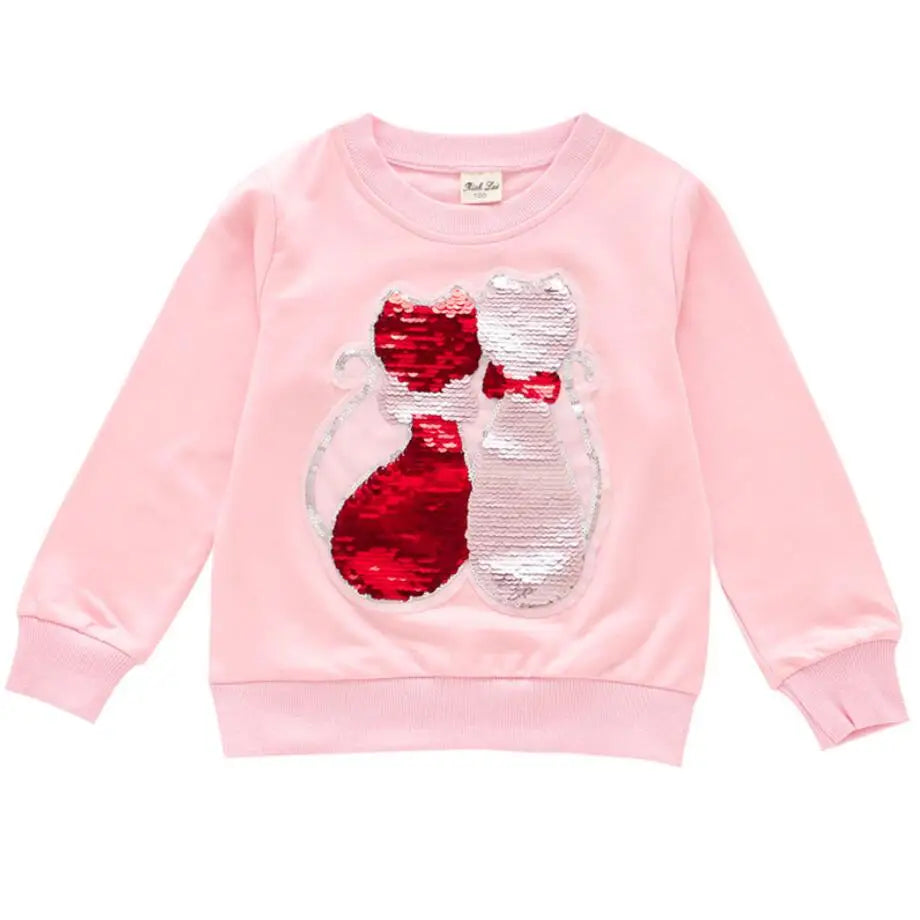 Cute Cat Baby Girls Hoody Sweatshirt Toddler Kids Cotton Sequins Cartoon Sweater Children Spring Autumn Clothes Tops