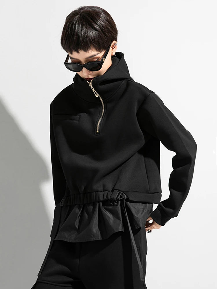 [EAM] Loose Fit Ruffles Spliced Sweatshirt New Hoooded Long Sleeve Women Big Size Fashion Tide Spring Autumn 2026 1DD2569