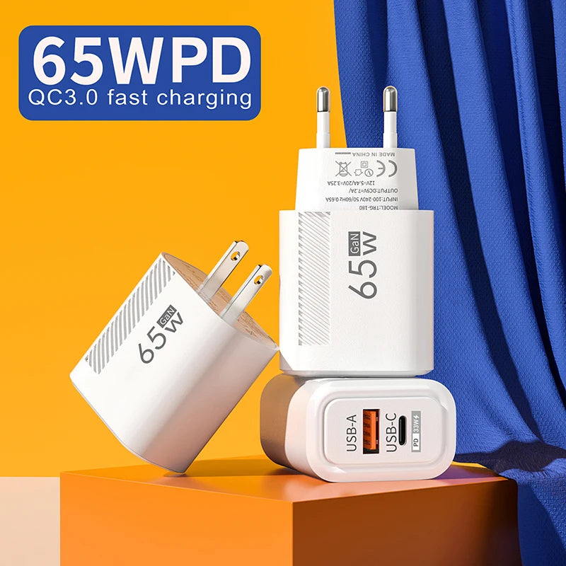 65W GaN Fast Charging USB Type C Charger US EU Plug PD 3.0 Quick