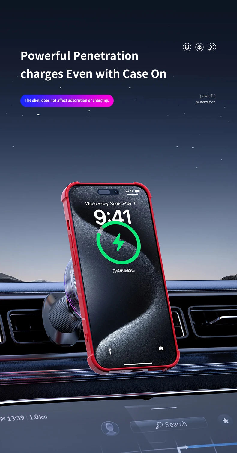 Air Cooling Car qi2 25W Magnetic Wireless Charger RGB Light  Phone Holder For Magsafe iPhone 17 16 15 14 13 12 Fast Charging