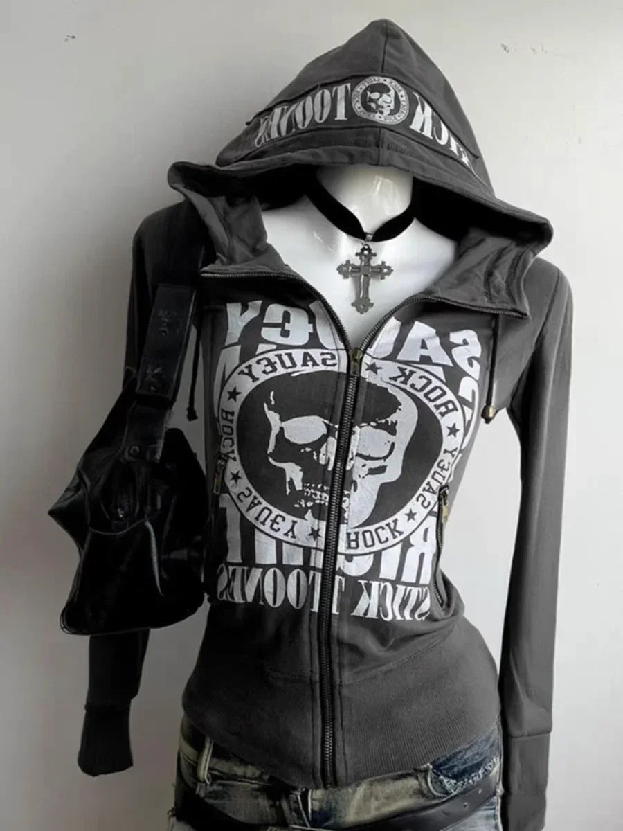 New Gothic Pattern Sweatshirt Hoodie Versatile Fashion Cardigan Casual Hoodie Women Solid Color Pleated Slim Top Winter Retro