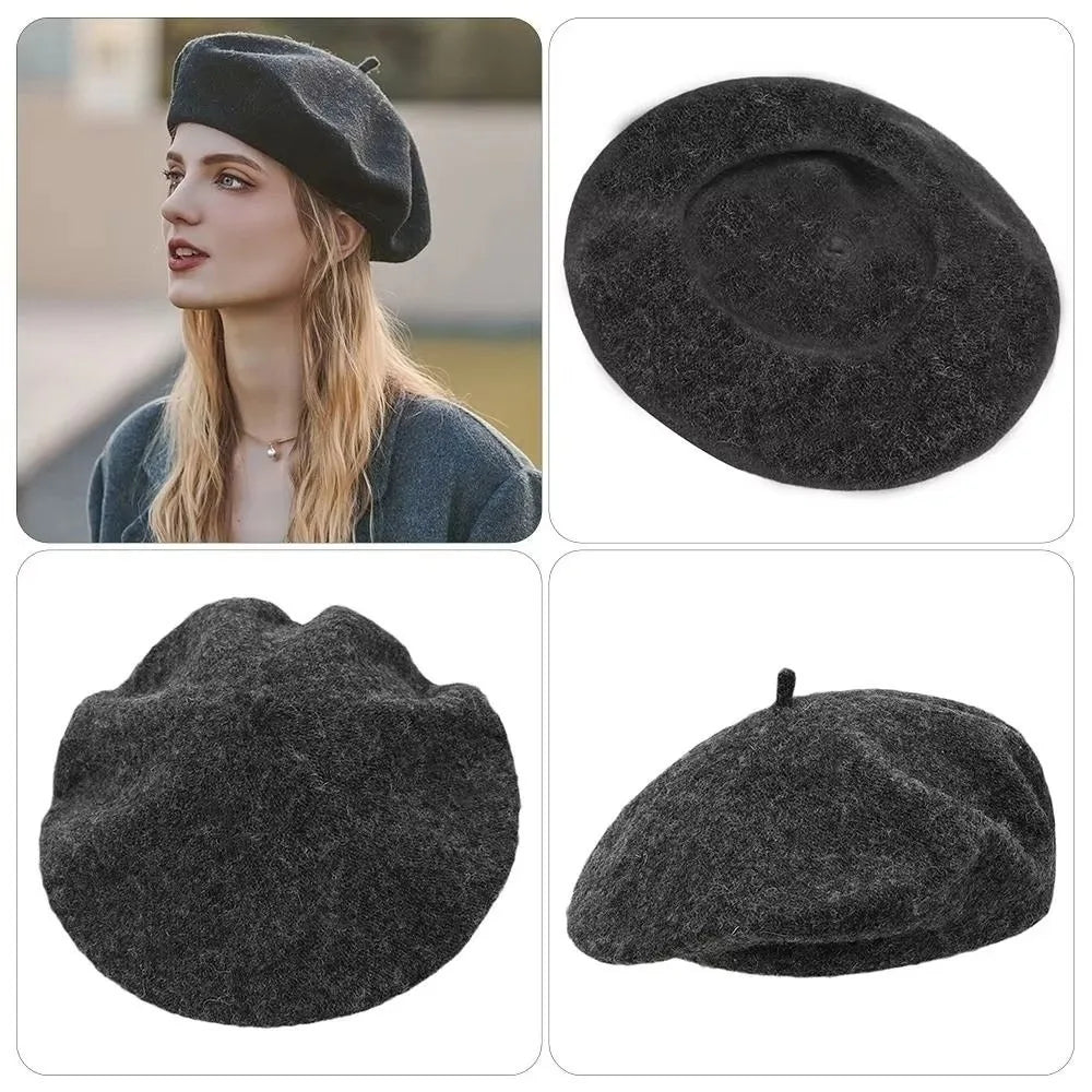 Elegant Solid Color Beret Hat Knitted Soft Wool Painter Hat Warm
