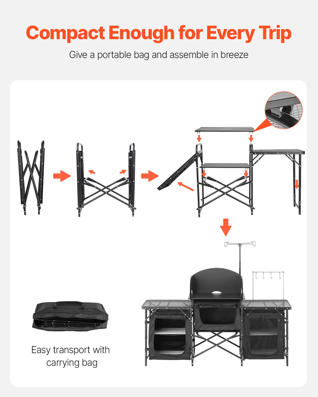 SucceBuy Camping Kitchen Table Aluminum Portable Cook Station with 3 Storage Cupboard Carrying Bag Quick Set-up for BBQ Picnic