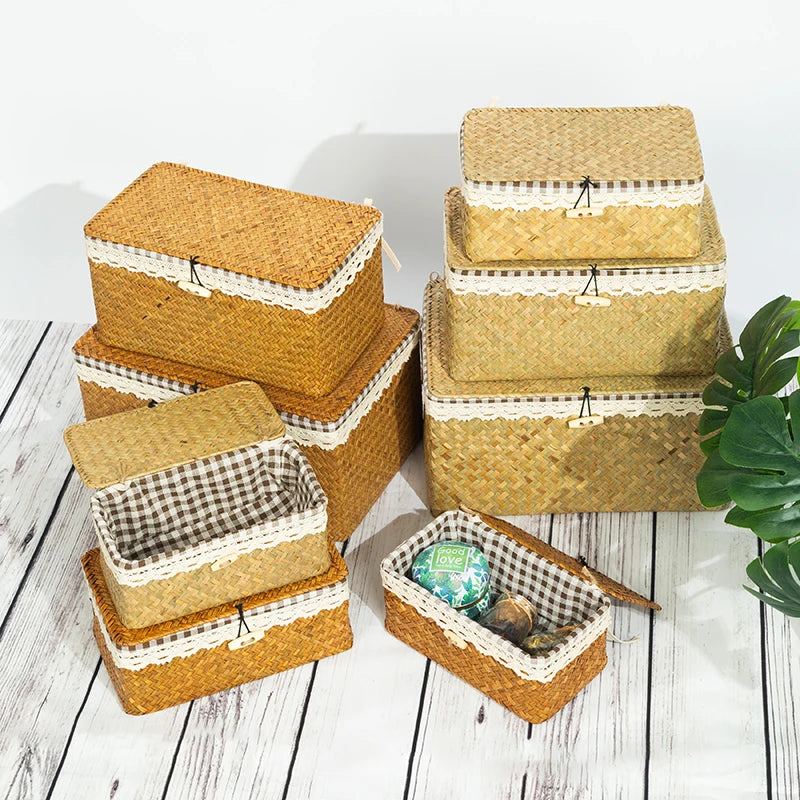 Wicker Basket with Lids Nautral Seagrass Storage Box Basket Woven Rectangular Bins Container Rattan Storage Kitchen Organizer