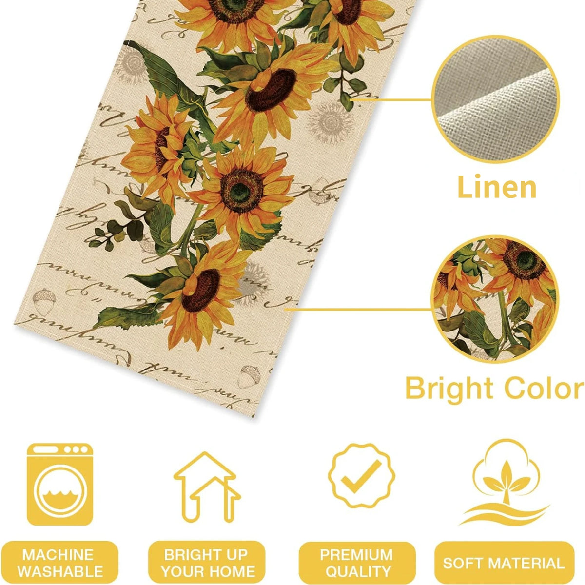Spring Sunflowers Linen Table Runner Vintage Summer Floral Home Kitchen Dining Decor Seasonal Indoor Outdoor Holiday Party Decor