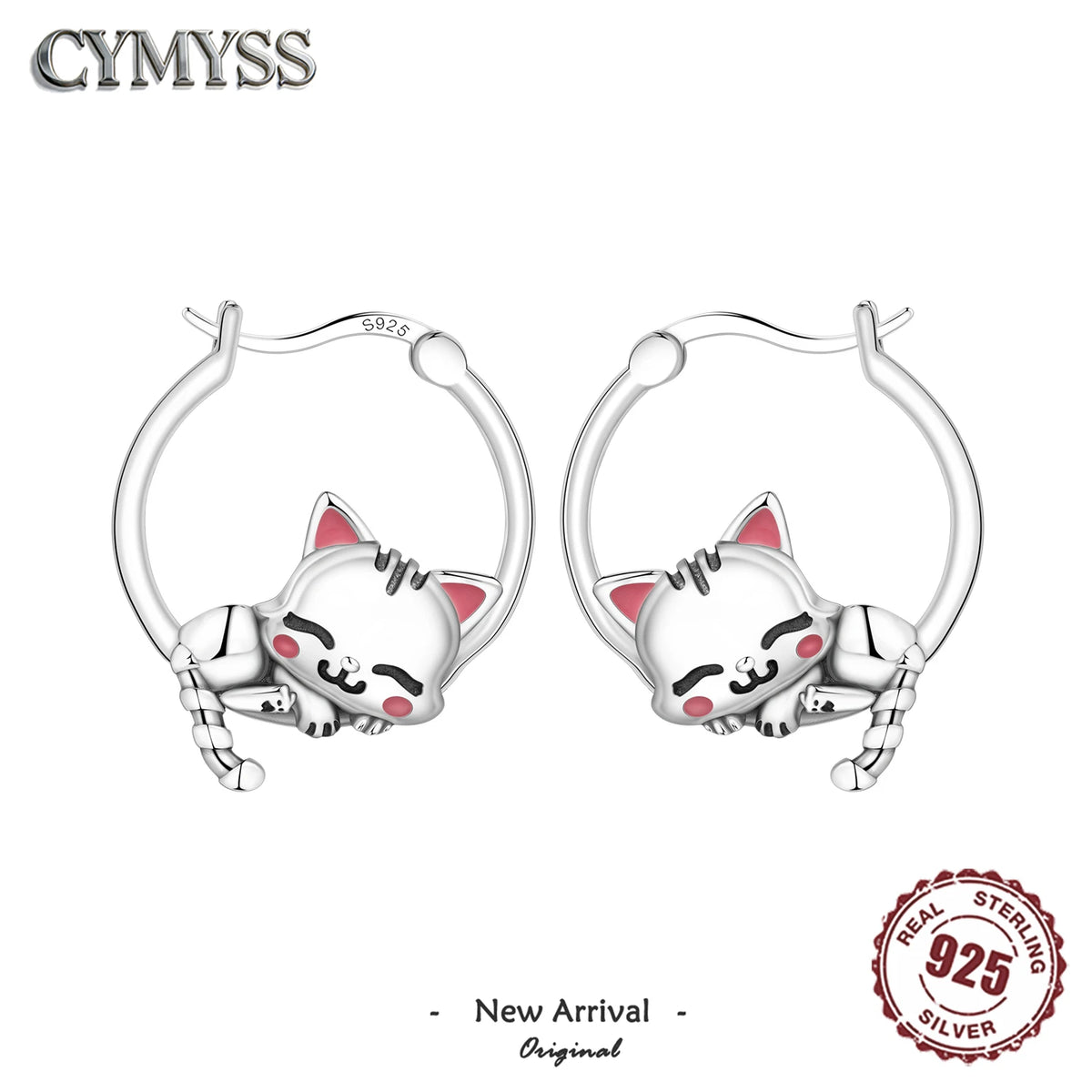 Simple 925 Sterling Silver Cute Sleeping Cat Hoop Earrings for