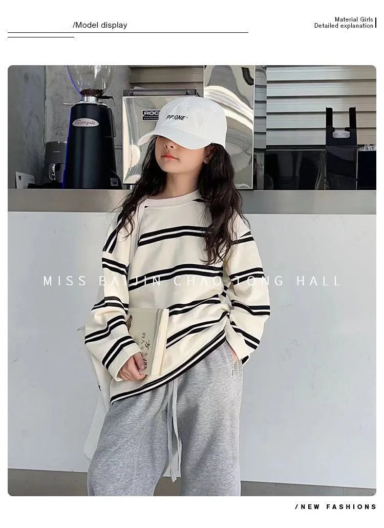 Spring Autumn Girls Cotton Contrast Striped Workout Sweatshirt+Sweatpant Sets School Kids Tracksuit Child Jogging Outfit 5-16Yrs