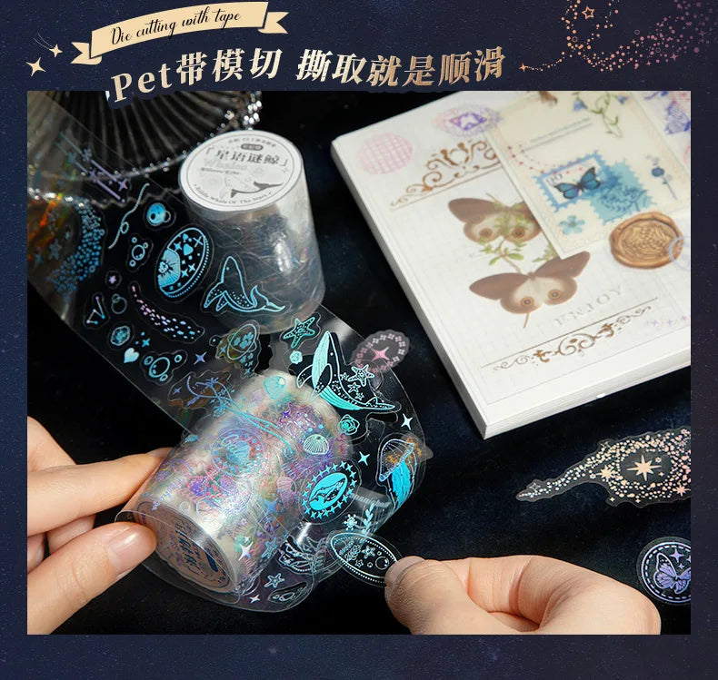 5.5*200cm 1roll Metallic PET Tape for Journaling, Laser Gold/Silver Decorative Stickers, DIY Scrapbook Washi Supplies