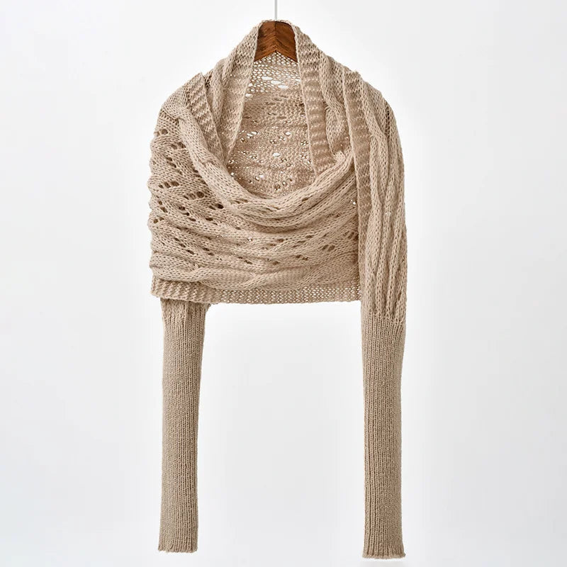 Woman Knitted Shawl Scarf With Long Sleeve Autumn Winter Outdoor Warm Soft Windproof Hollow Out Crop Top Shawl Scarf 210*33cm