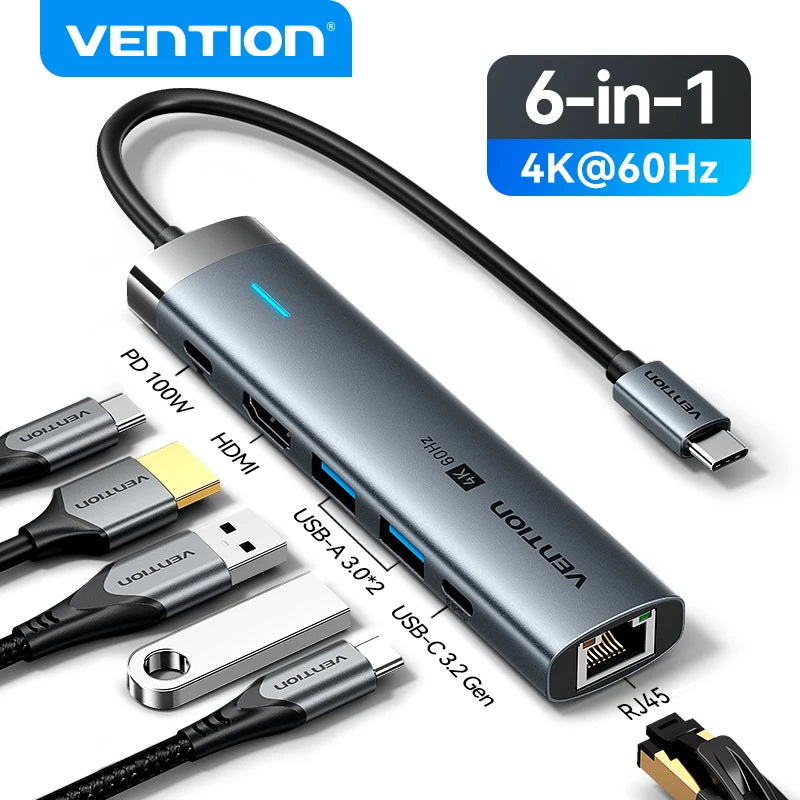 Vention USB C HUB Type C to HDMI 4K60Hz RJ45 PD 100W Adapter for