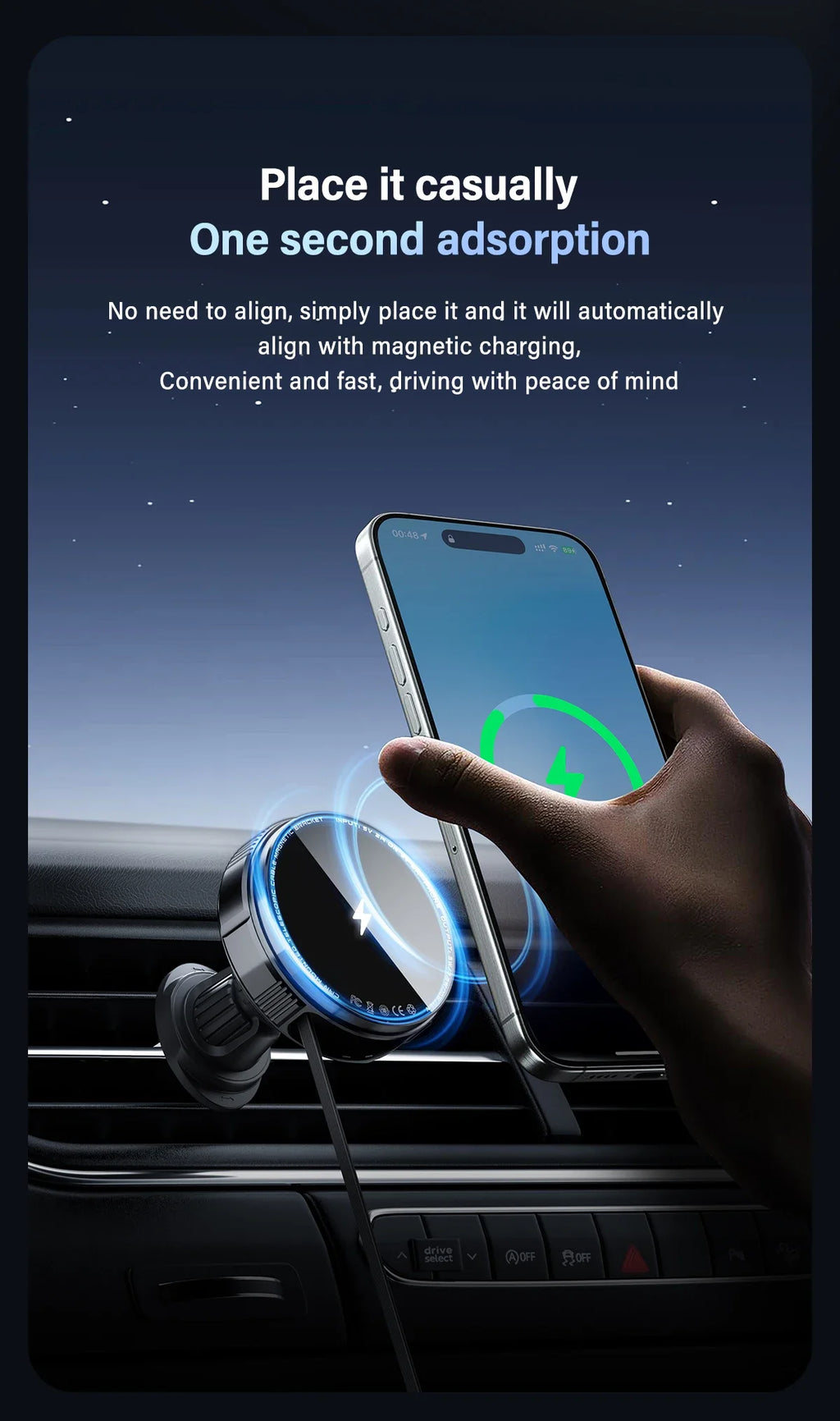 N52 Magnetic Car Wireless Charger Retractable USB C Cable Phone Cooling Holder For Magsafe iPhone 16 15 14 Pro Max Fast Charging