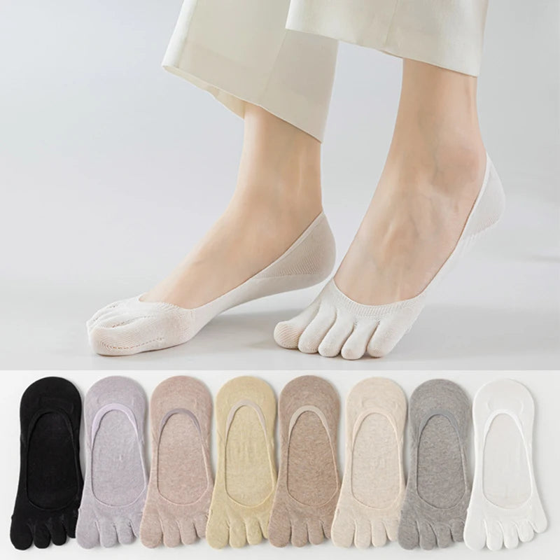 1 Pairs Summer Women Five Finger Socks Pure Cotton Candy Color Thin Breathable Silicone Anti-slip Split-Toe Shallow Boat Socks