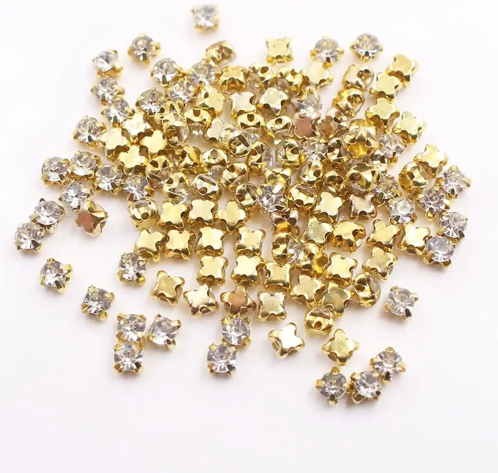 100 Stitching Rhinestones with Gold Claws 6 Sizes Gold Round Stitching Rhinestones for Sewing Crafts Jewelry Making