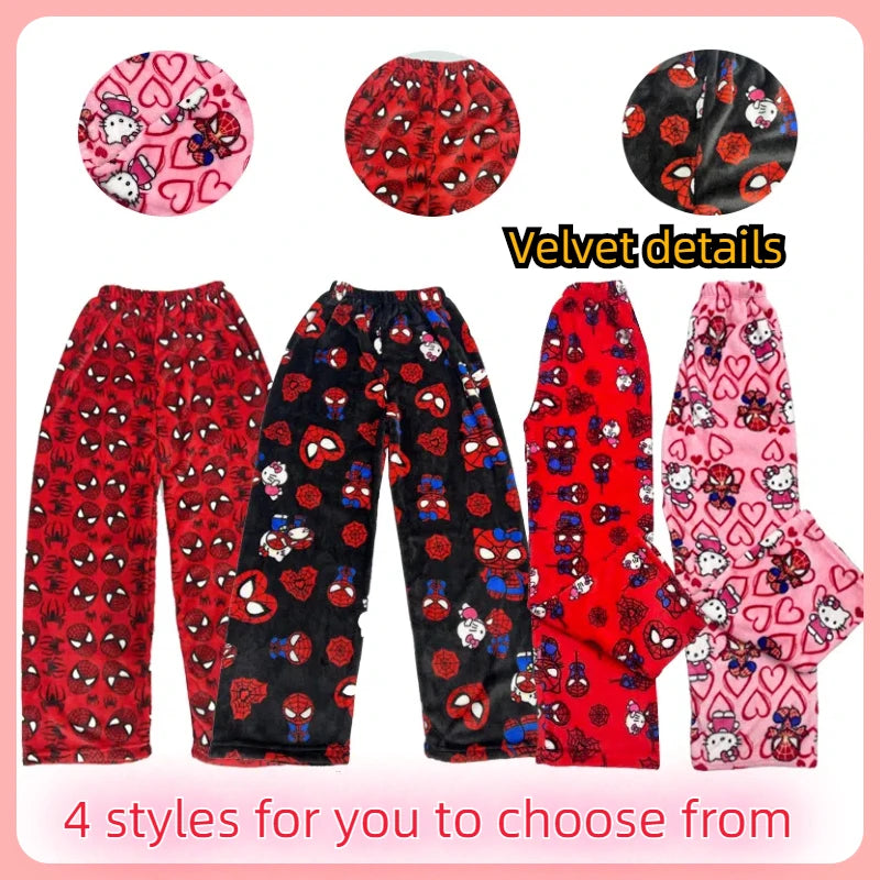 Kitty Spider-man Cotton Velvet Loose Pajamas Pajamas Long Pants Women's And Men's Cartoon Sleeping Casual Wear