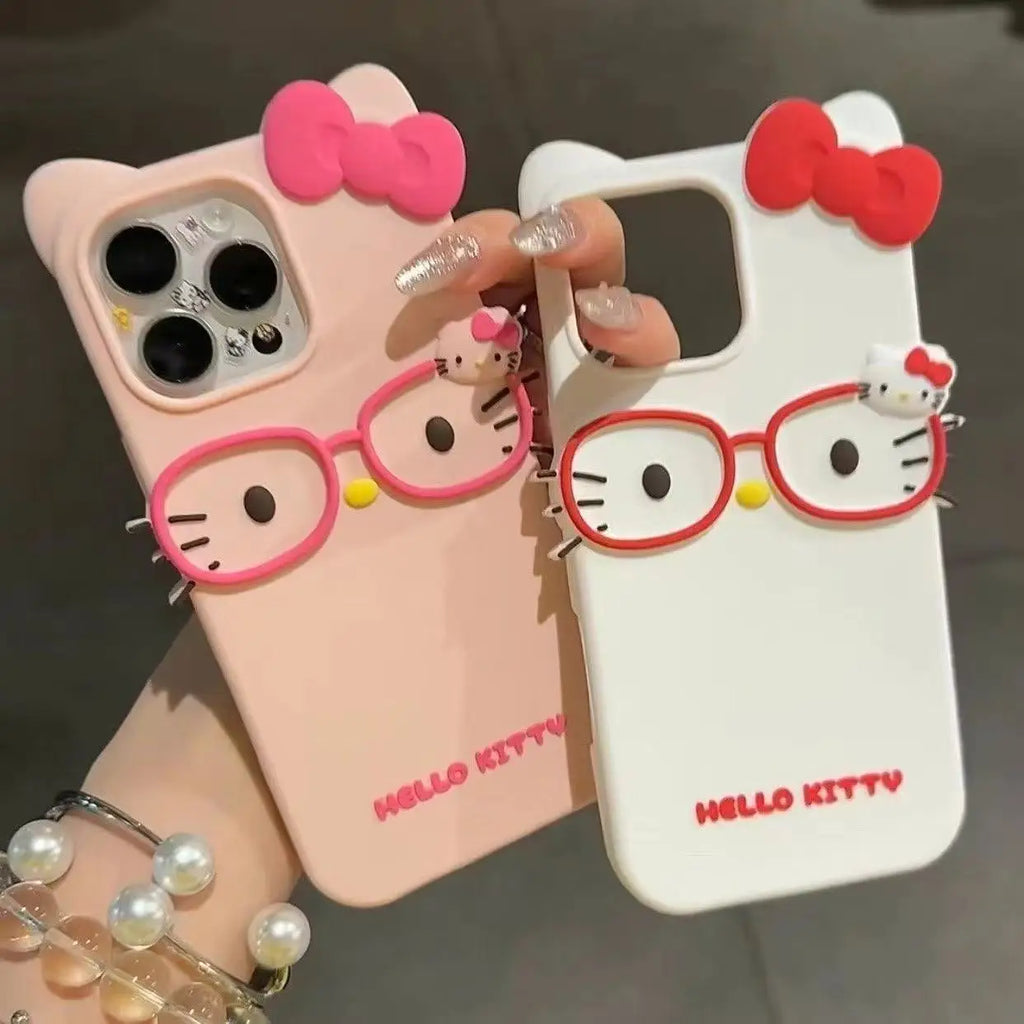 Hello Kitty 3D Cat-Eye Glasses Silicone Phone Case for iPhone 17 Pro Max 16 15 Plus 14 13 Mini 12 11 4 4S 5 5S 7 8 SE Shockproof