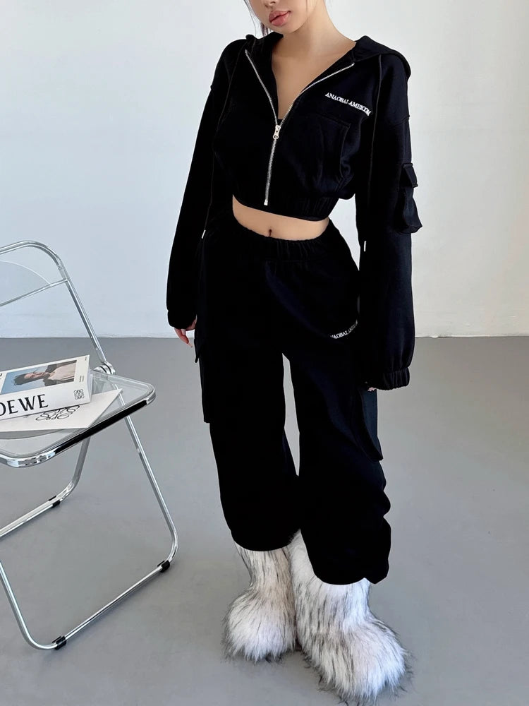 WOMENGAGA Short Zipper Sweatshirt Large Pocket Wide Leg Pants Two Piece Casual Plush Set For Winter Women Fashion Sweet 2PTB