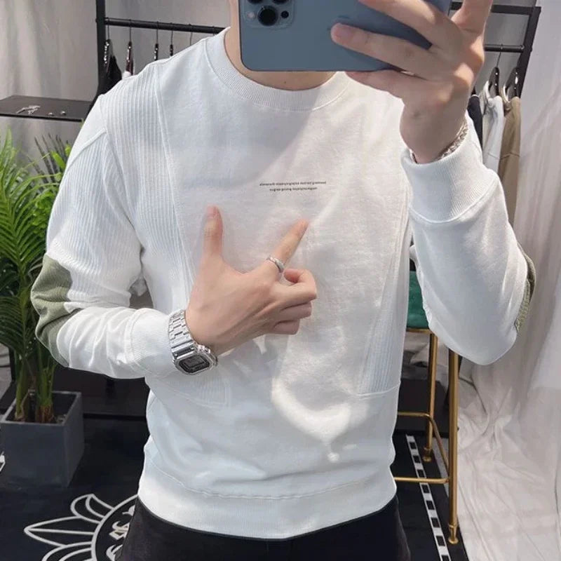 Slim Fit Black Hoodieless Sweatshirt for Men Round Neck Pullover White Male Clothes Crewneck Emo High Quality S Luxury Cheap Top