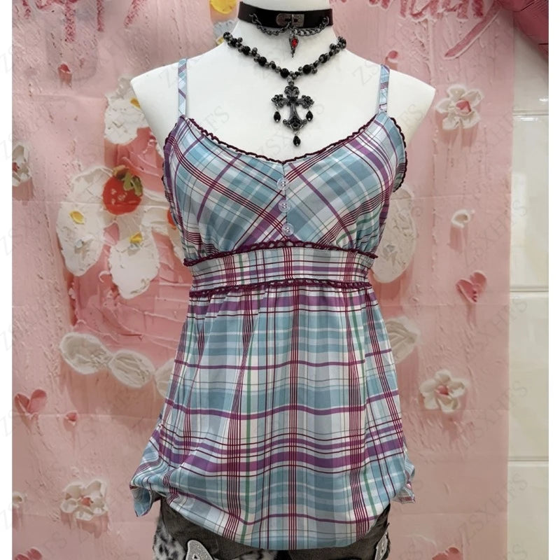 Gothic Plaid Sleeveless Y2K Camisole Women Summer Crop Tops - Multi