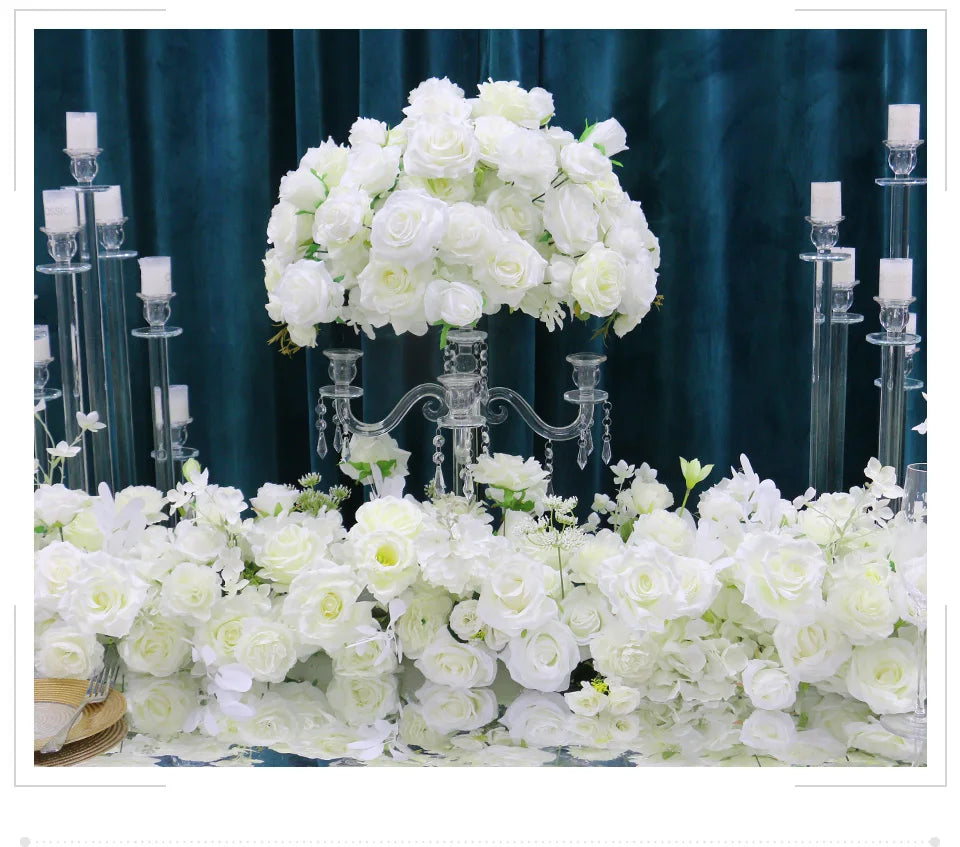 White Wedding Backdrop Decor Rose Floor Flower Runner Event Table Centerpieces Ball Pink Floral Strip Arrangement Party Props