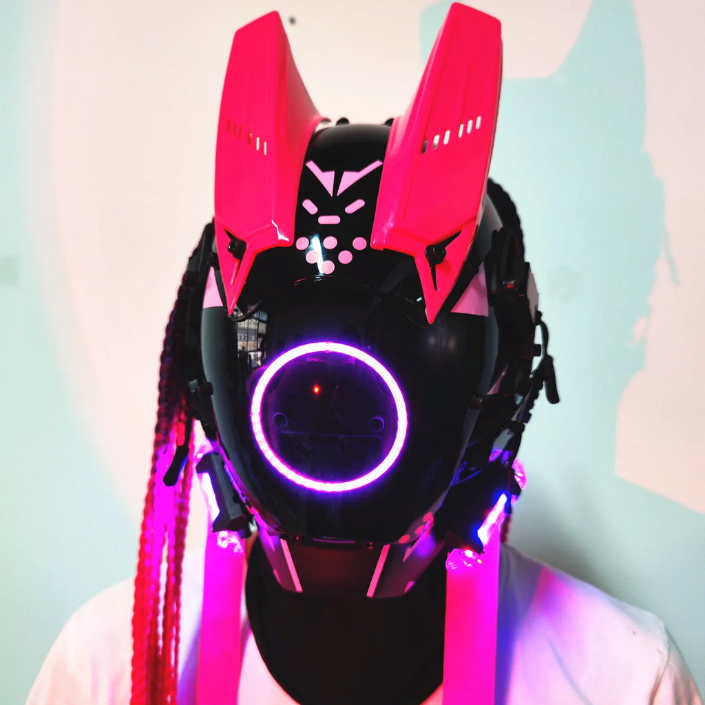 Cyberpunk Mask Futuristic Techwear, Halloween Cosplay Helmet Decor with Light and Dirty Braid, Japanese Warrior Style Knight Sty