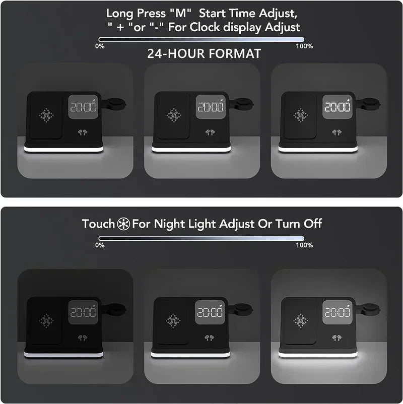 Phone Watch Wireless Charger with LED Light Clock Alarm For iPhone 16/15/14/13/12 Apple Watch 2-10 SE  Airpods Pro Fast Charging