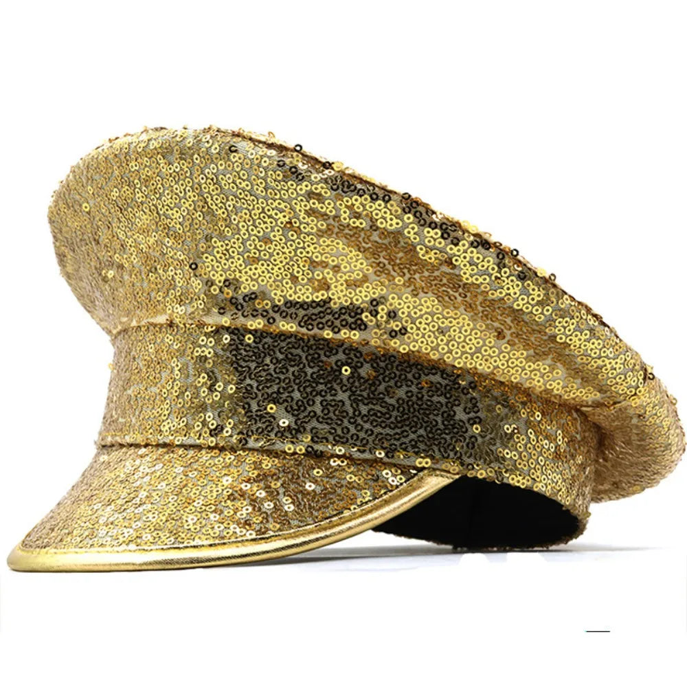 Dance Props PU Leather Sequin Flat Top Hat Shiny Y2K Hats