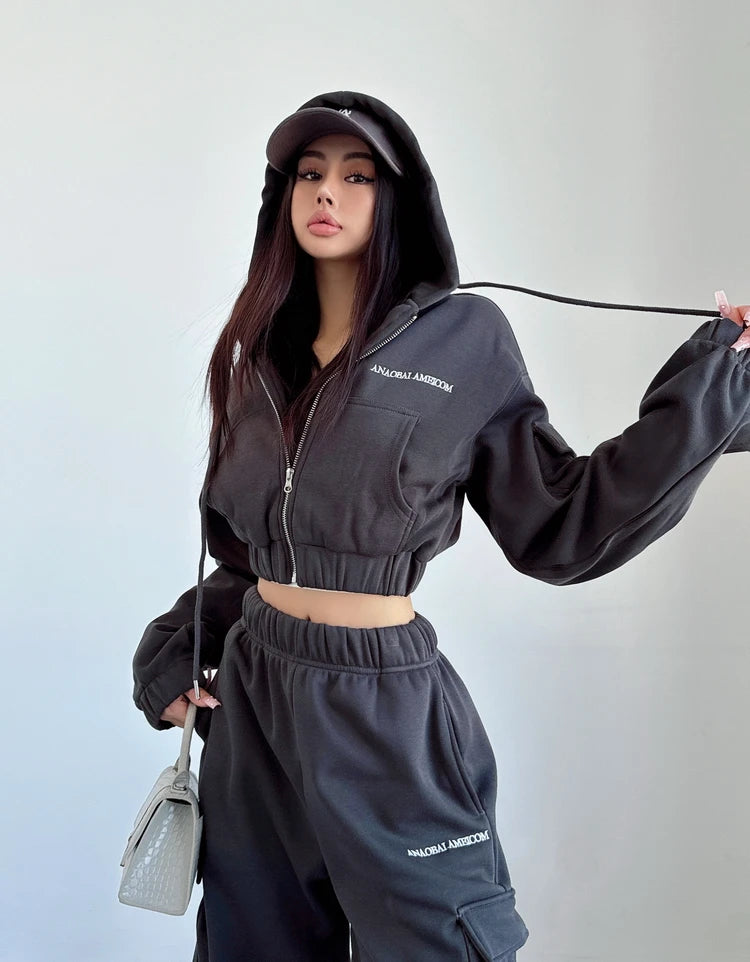 WOMENGAGA Short Zipper Sweatshirt Large Pocket Wide Leg Pants Two Piece Casual Plush Set For Winter Women Fashion Sweet 2PTB