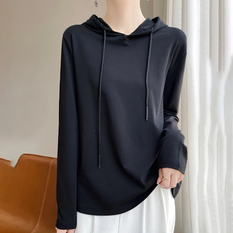 Spring Summer 100% Mercerized Cotton Hoodie Women Loose Straight Tops Simple Casual sweatshirt For Minimalist 2025