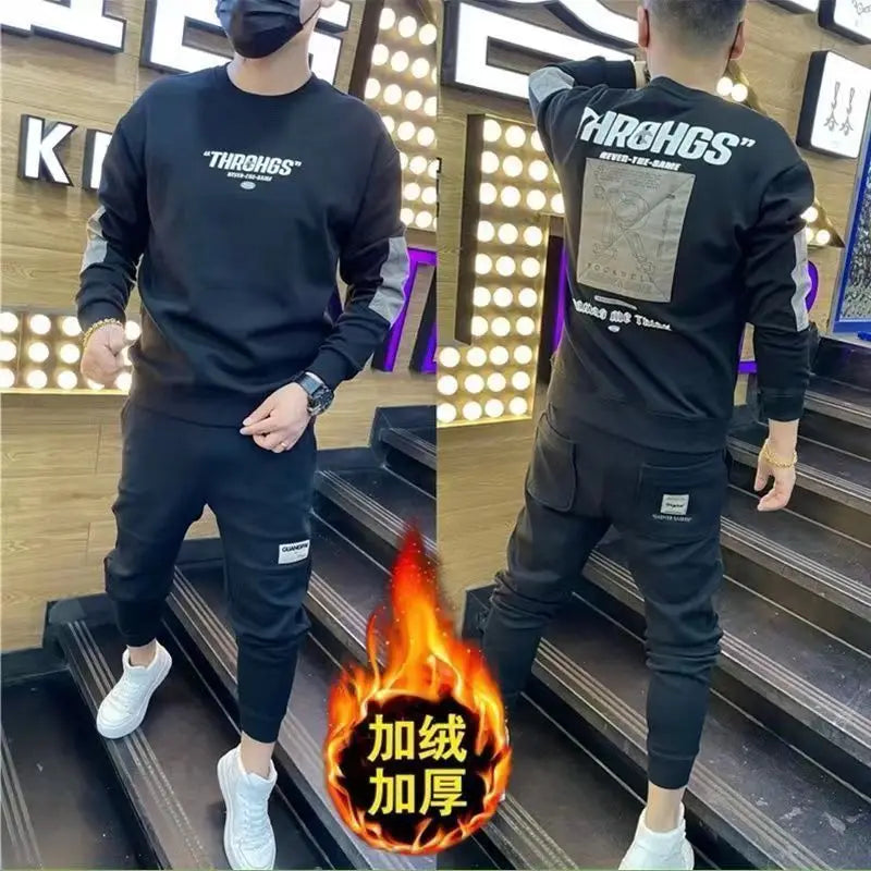 Autumn Youth Men's Sweatshirt Pullovers Letter Print Round Neck Slim Fit Thicken Hoody Long Sleeve Casual Sweatshirt Male Tops