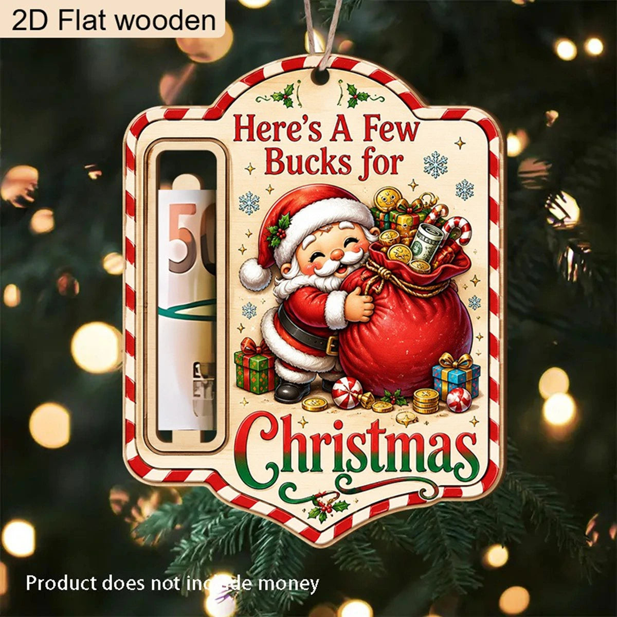 Christmas Wooden Money Holder Ornament 2D Flat Santa Claus Cash Holder Hanging Decor Here's A Few Bucks For Christmas Tree Decor