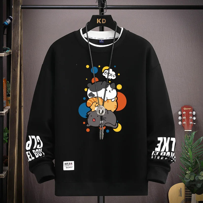 Spring Men's Sweatshirt Japan Cartoon Cats Printed Long Sleeve T-shirt Fashion Men's Clothing Khaki O Neck Harajuku Top 2024 New