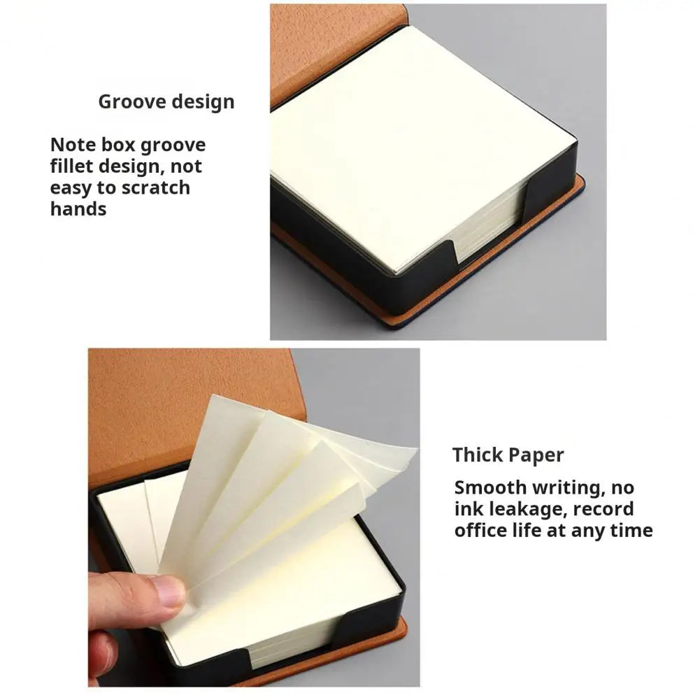 Desk Organizer with Note Paper Note Box with Grooves Imitation Leather Sticky Notes Holder with Lid Cover Name Cards Organizer