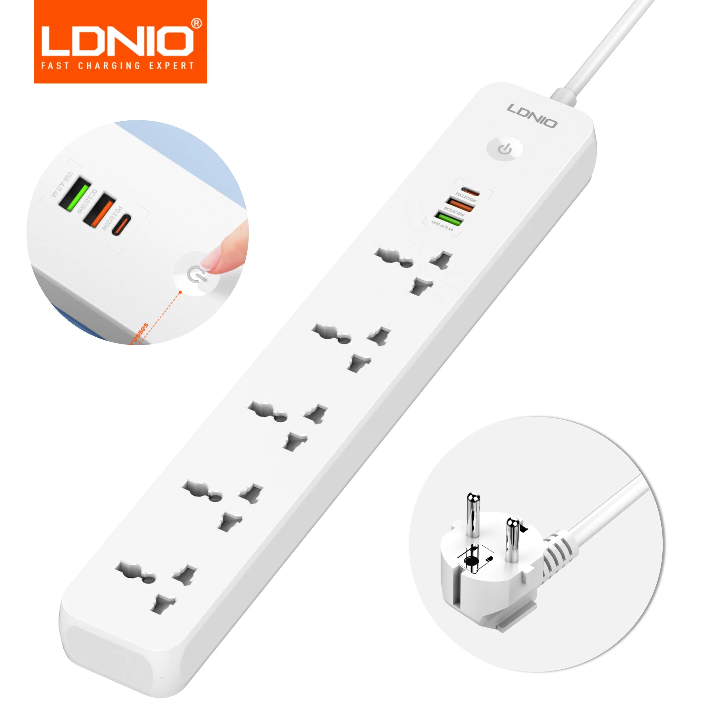 LDNIO 2500W Power Strip with 5 AC Outlets & 3 USB Charging Ports 2M Extension Cable Kitchen Household  EU UK US Plug
