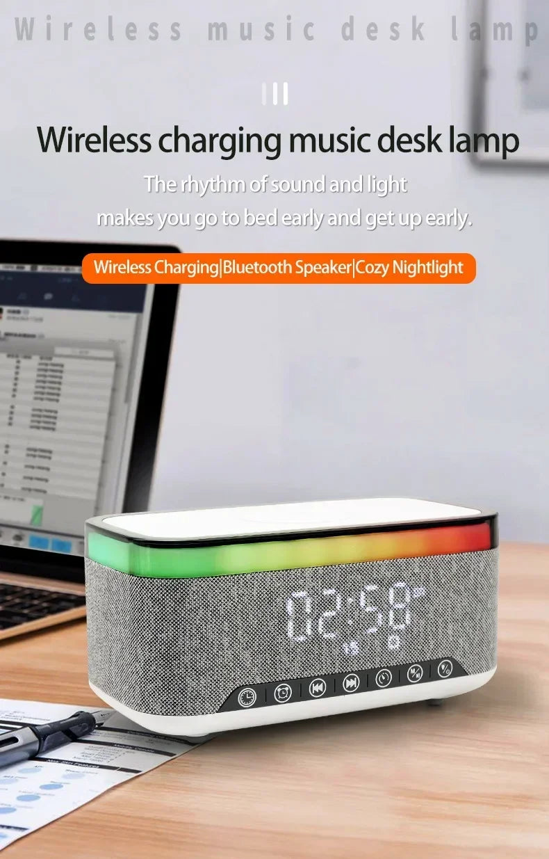 New Smart 6-in-1 Bluetooth Speaker 60W Wireless Charger Bedhead Night Light Alarm Clock LED Clock with FM Radio Music Cente