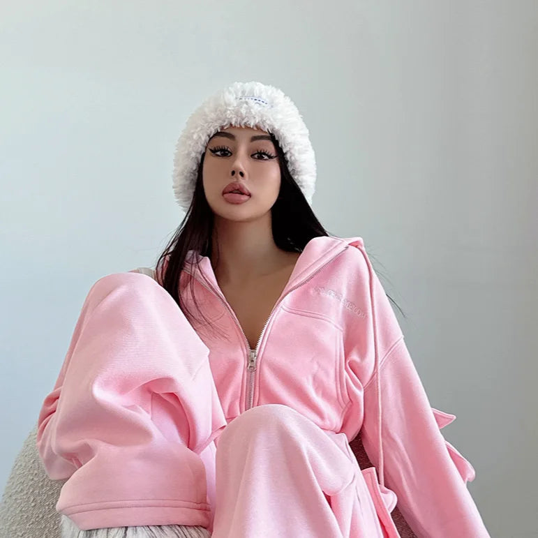 WOMENGAGA Short Zipper Sweatshirt Large Pocket Wide Leg Pants Two Piece Casual Plush Set For Winter Women Fashion Sweet 2PTB