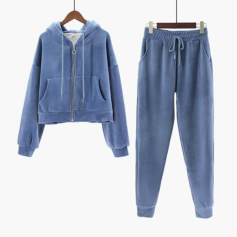 Thickened Gold Velvet Long Sleeved Hooded Sweatshirt with Lace Up Leg Ties Two Elegant Women's Pants Set Tracksuits