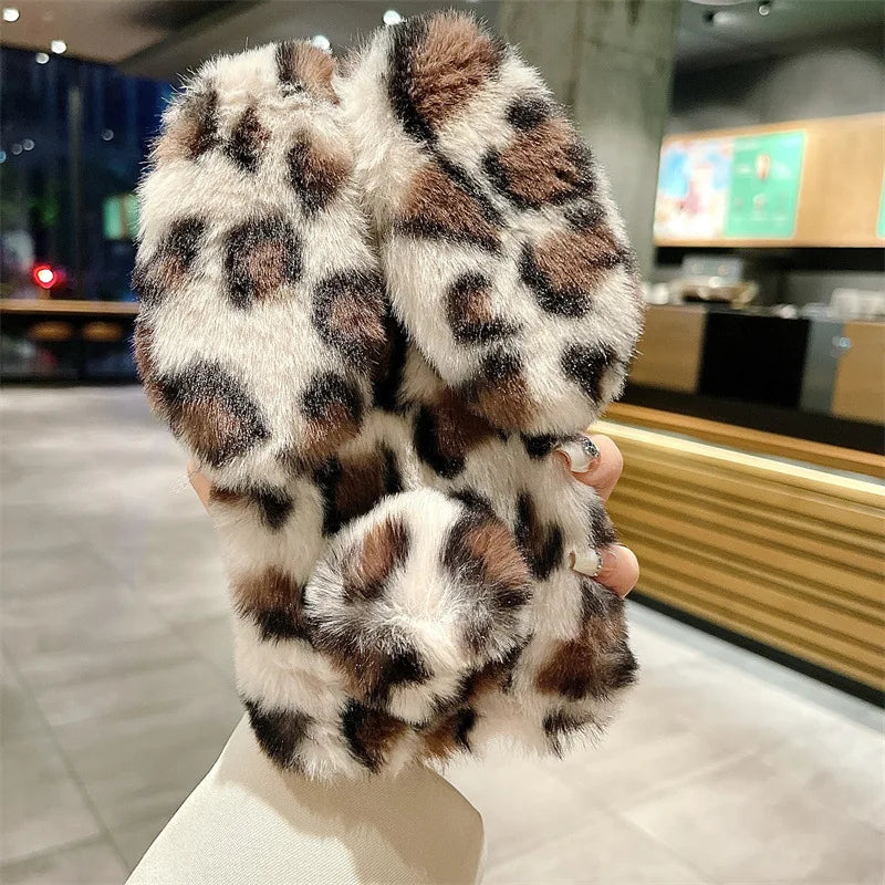 Cute Cartoon Leopard Print Bunny Fur Plush Phone Case For iPhone 17 Air 16 13 12 11 Pro Max XS XR X 7 8 Plus Shockproof Cover