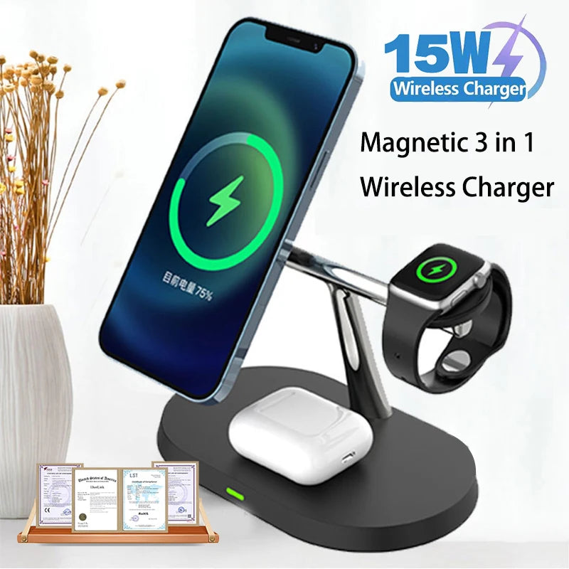 2025 3 in 1 30w Qi2 Wireless Charger Stand Fast Charging for iPhone 17 16 15 14 13 12 iWatch Airpods Wireless Charging Station