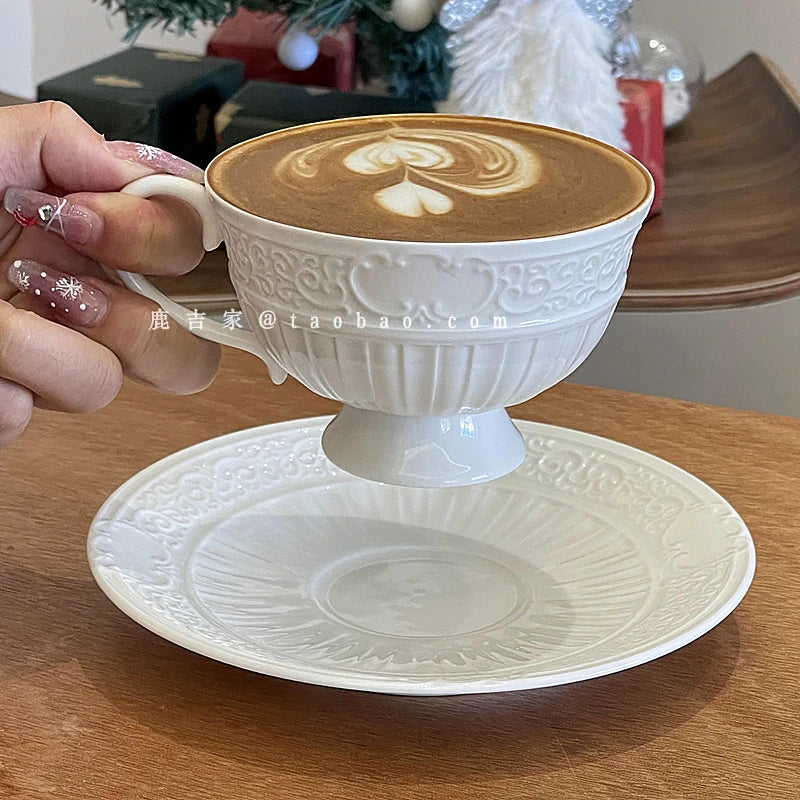 French Retro Relief Flower Cup and Dish Set, Ceramic Coffee Cup, Afternoon Tea Latte Cup, Artistic Home Decoration, Holiday Gift