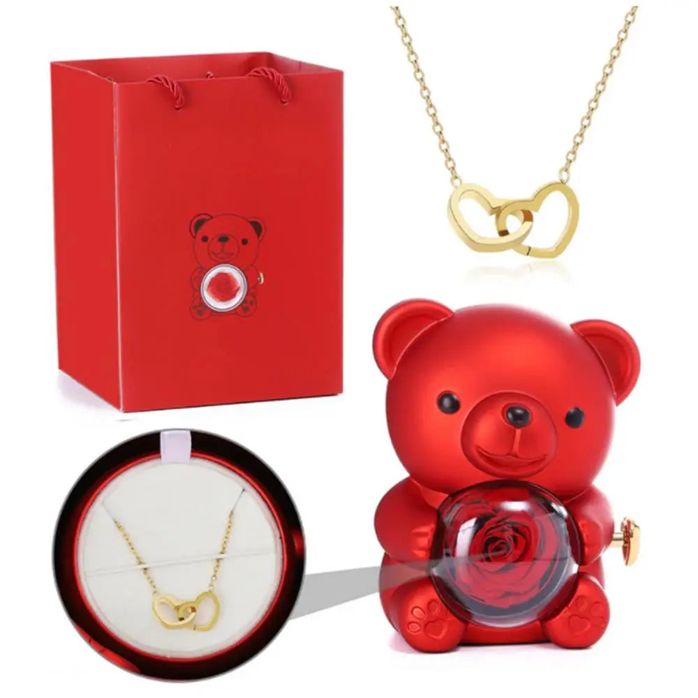Bear Necklace Case Romantic Bear and Rose Jewelry Box Hug Bear Decoration Necklace Box Rose and Rotating Bear Case with Double