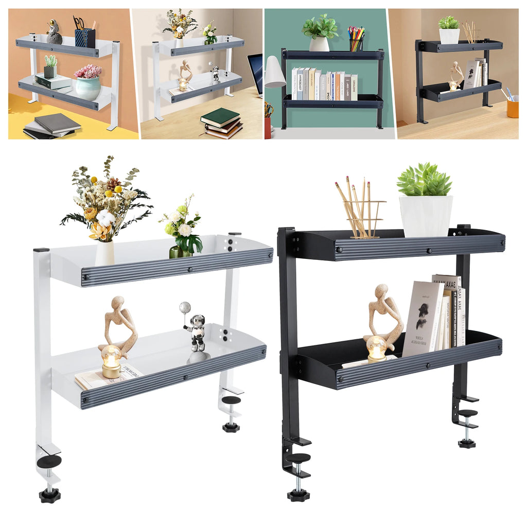 Adjustable 2-Tier Desk Shelf Clamp-On Storage Tray for Displaying Photos Decorations Clip-On Desk Organizer Shelf