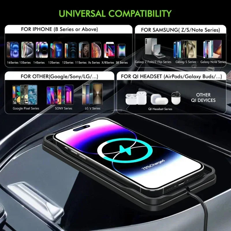 Car Wireless Charger Pad Base USB Cable for iPhone 16 15 14 13 12 Pro Max Samsung Xiaomi Airpods Pro 2 LG Fast Charging Station