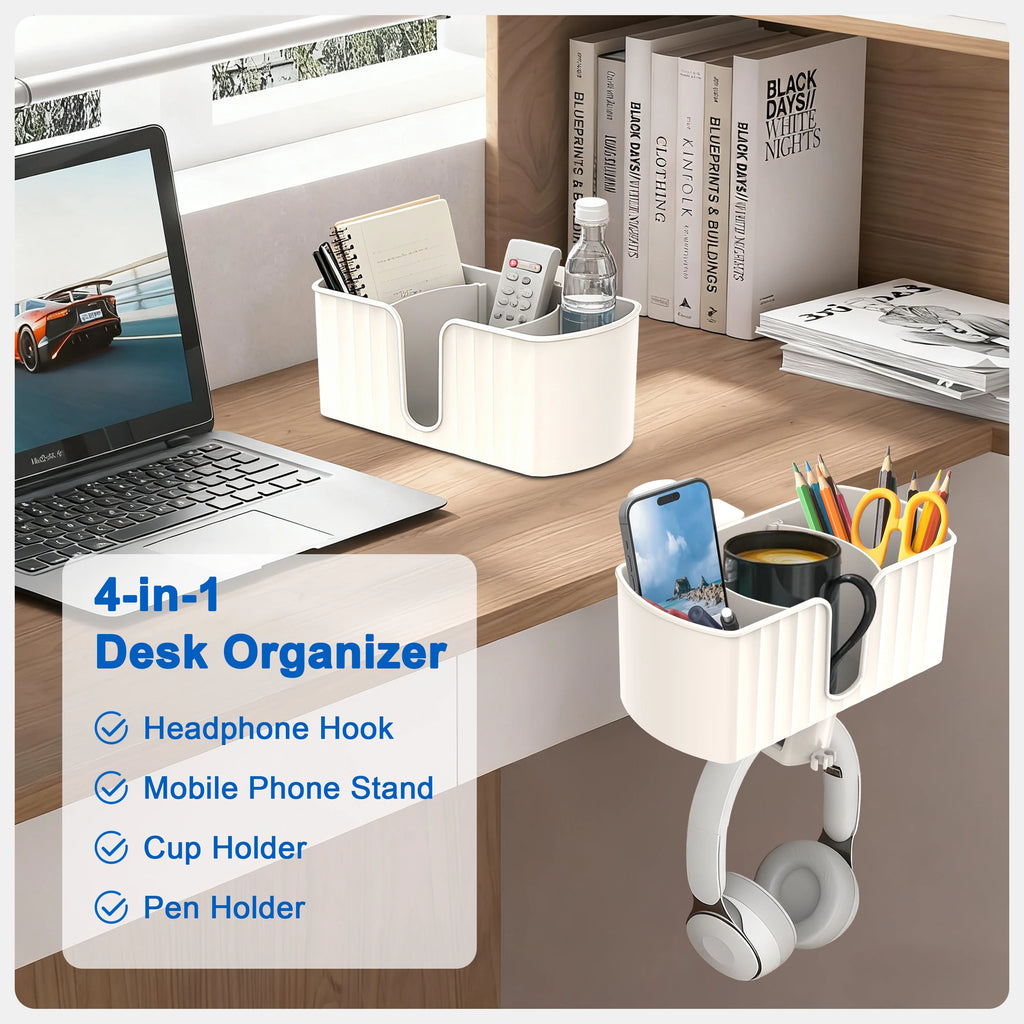 4-in-1 Desk Organizer - Under Desk Cup Holder and Headphone Hanger with 2 Wire Holes - Rotating Hanger，for Cup, Phone and Pen