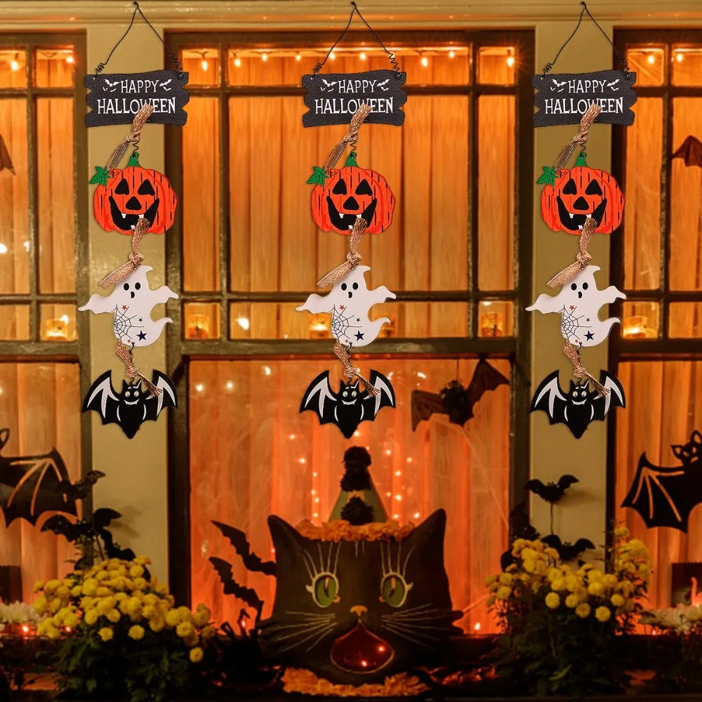 Halloween Wooden Door Sign Pumpkin Ghost Bat Trick or Treat Doorplate Horror Props Happy Halloween Door Hanging Pendents