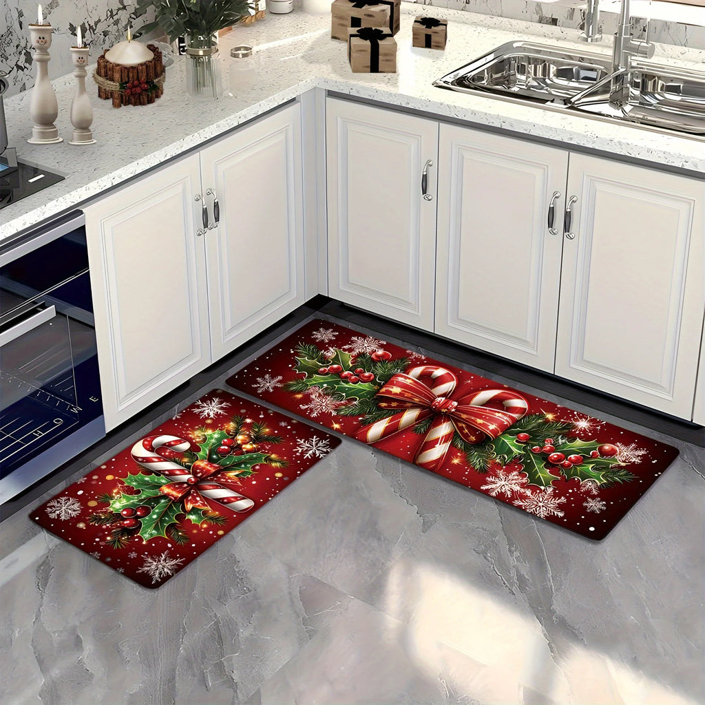 VIKAMA Merry Christmas Winter Decor Candy Canes Holly Snowflake Kitchen Mat Christmas Holiday Atmosphere Decor Festive Home Gift