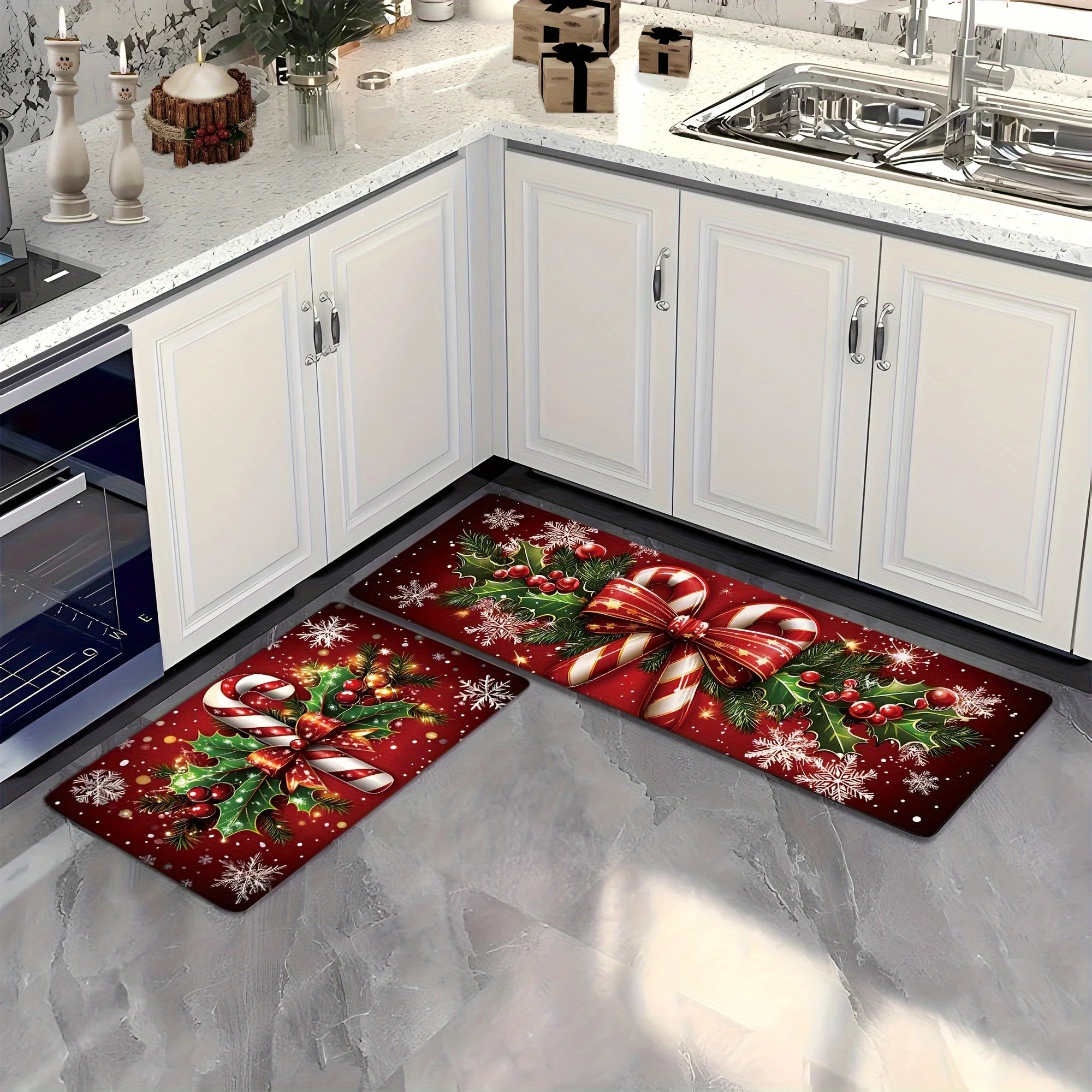 VIKAMA Merry Christmas Winter Decor Candy Canes Holly Snowflake Kitchen Mat Christmas Holiday Atmosphere Decor Festive Home Gift