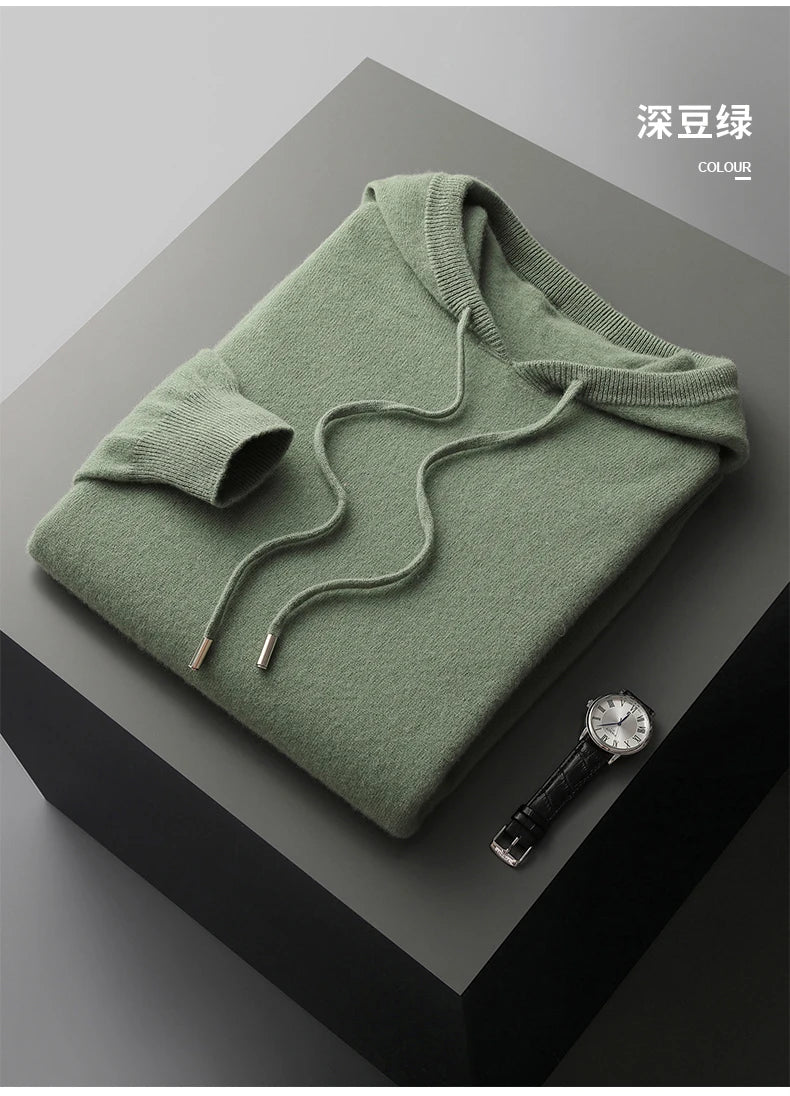 MVLYFLRT Men's 100% Merino Wool Sweater Hooded Collar Knitted Pullover Sweatshirt Autumn Winter Casual Large Tops Long Sleeved